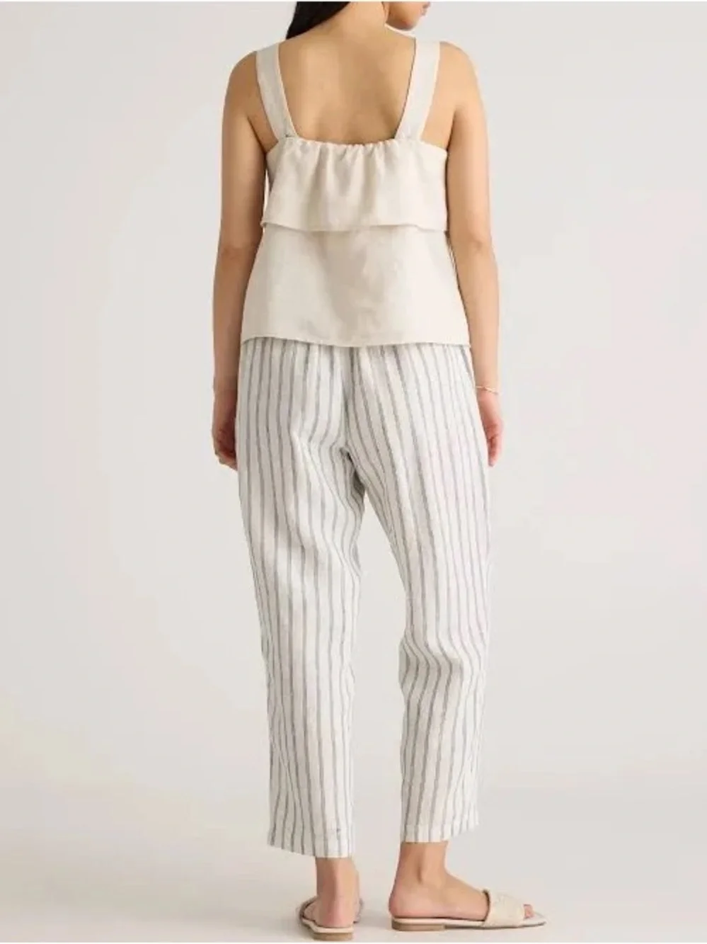 NWT Quince European Linen Tapered Ankle Pants in Oatmeal/Black Pinstripe Size: S